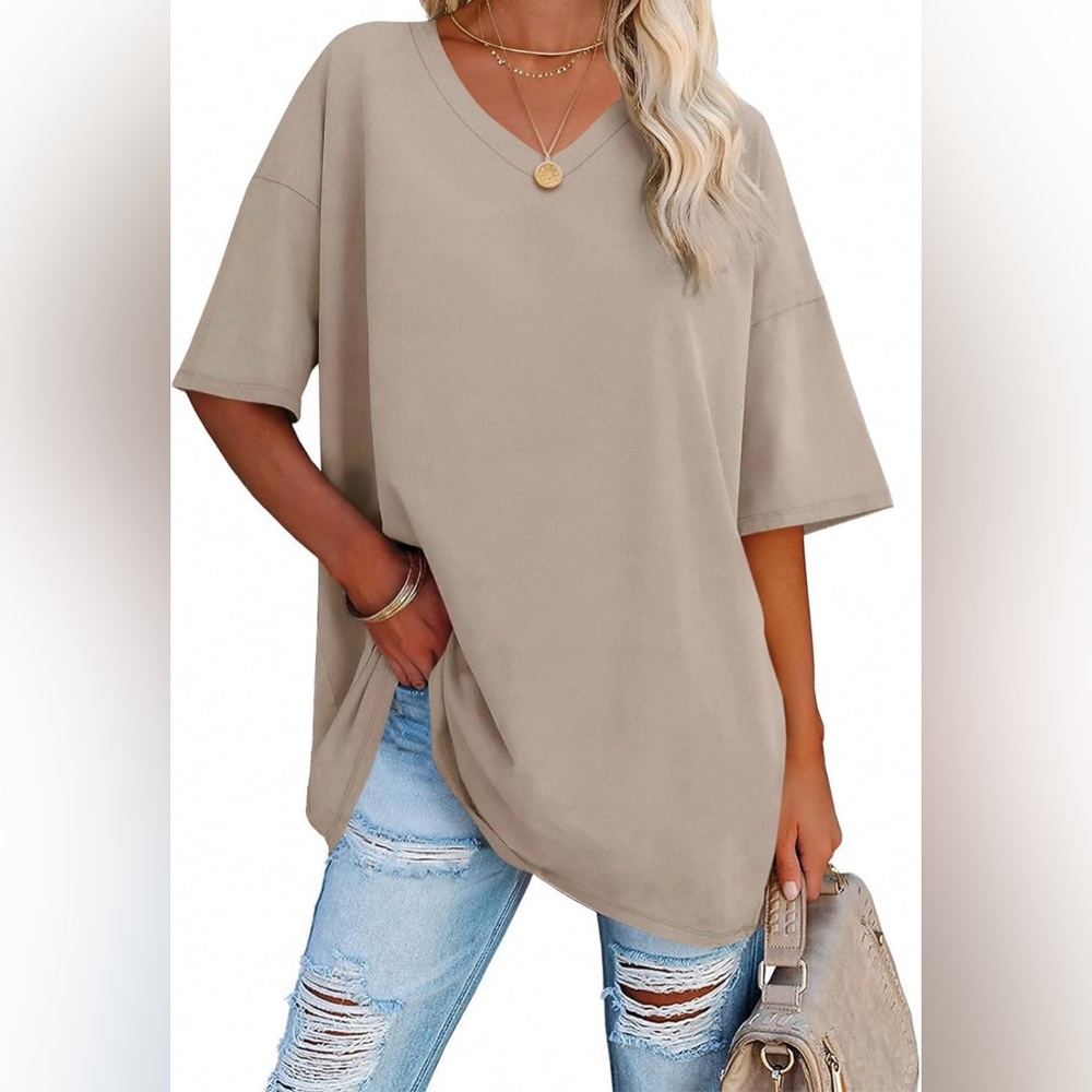Ebifin Women's Oversized V-Neck T-Shirt Cotton Loose Fit Tunic Top, Khaki - NWT